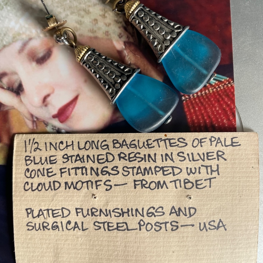 Designer Masha Archer Blue Frosted Resin Bell Earrings with Ornate Silver Caps - Picture 8 of 14